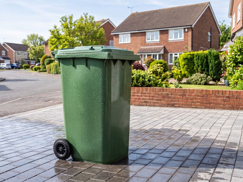 Green wheelie bin jet-washed clean, standing on wet block paving