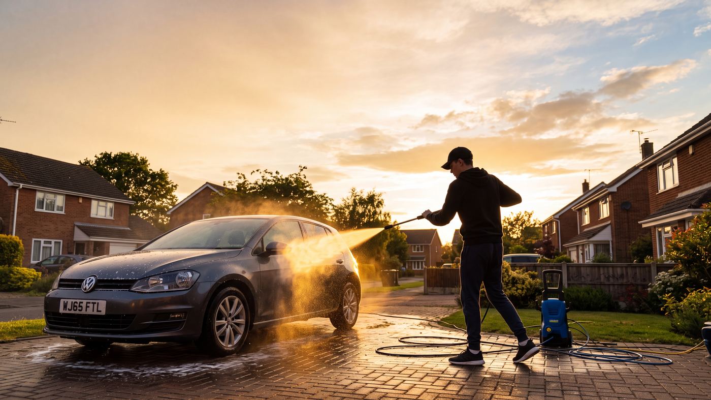 Young washer jet-washing a car on a suburban driveway at golden hour